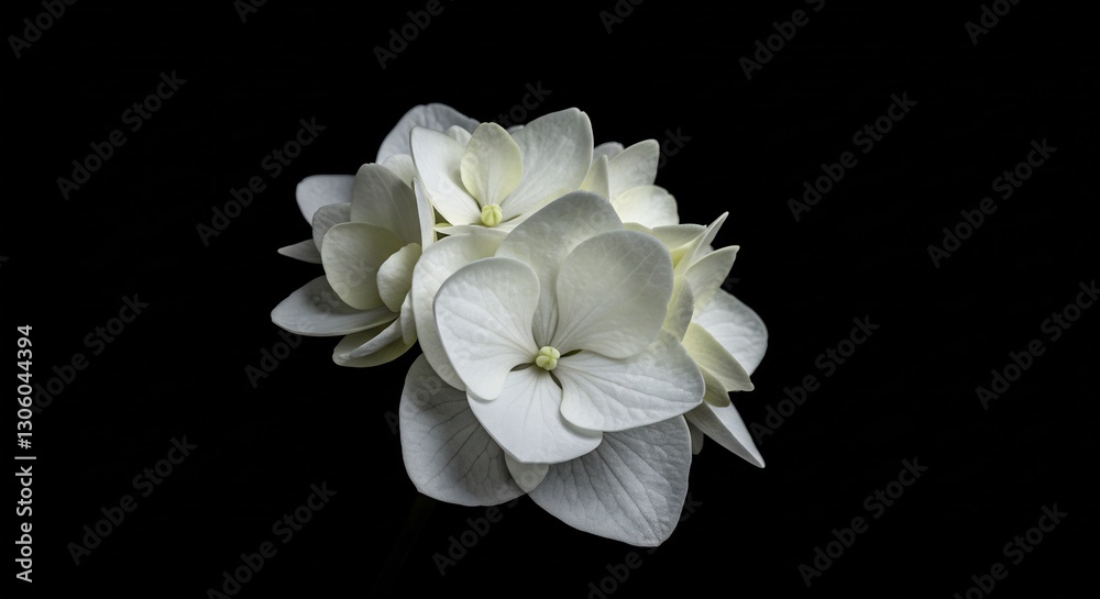 Fototapeta premium Elegant white hydrangea blooms softly lit against black. AI Generated