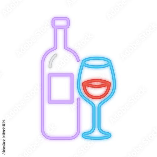 A glowing neon illustration of a wine bottle and a glass filled with red wine, symbolizing celebration, nightlife, and fine dining