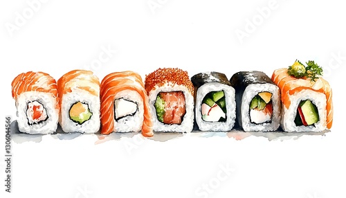 Colorful sushi rolls, watercolor style