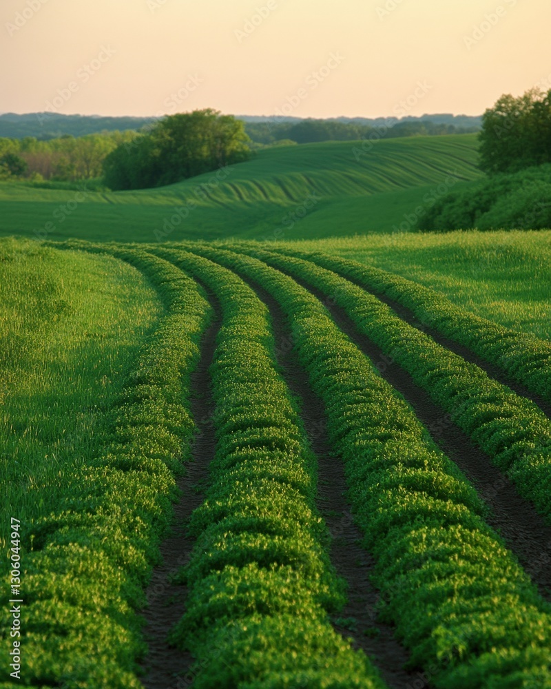 Expansive green field of crops under a clear blue sky on a sunny day in agricultural landscape Expansive green field of crops under a clear blue sky on a sunny day in agricultural landscape