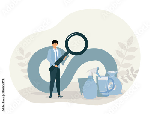 Sustainability Concepts. Man with Magnifying Glass Exploring Cleaning Supplies.