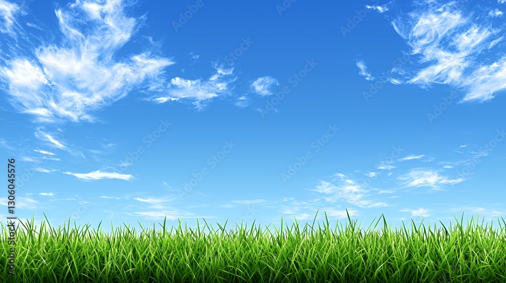 Vibrant Green Grass Field Under a Bright Blue Sky with Fluffy Clouds Vibrant Green Grass Field Under a Bright Blue Sky with Fluffy Clouds