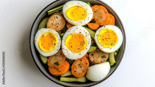 A nutritious bowl of food featuring eggs and fresh vegetables perfectly arranged for a balanced meal experience
