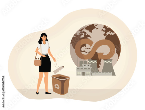  Eco Friendly Efforts. Woman Recycling Plastic To Promote Circular Economy and Sustainability.