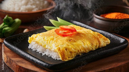 A delicious plate of rice topped with a fluffy egg omelet, garnished with sliced chili and served with green onions and spices.