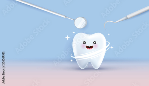 Cartoon tooth character looking in dental inspection mirror. Healthy tooth metaphor. can be used in children dentist clinic. medical health and dentistry concept. cartoon dental character. vector.