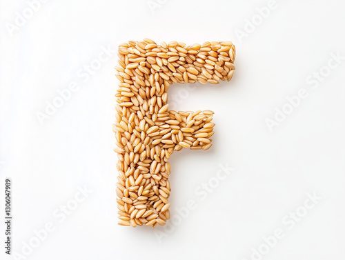 a letter F made of farro, top view. Minimalistic design on a plain white background