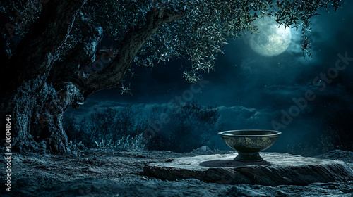Moonlit Gethsemane: Prayer Cup on Olive Root Table Amidst Serene Garden Textures