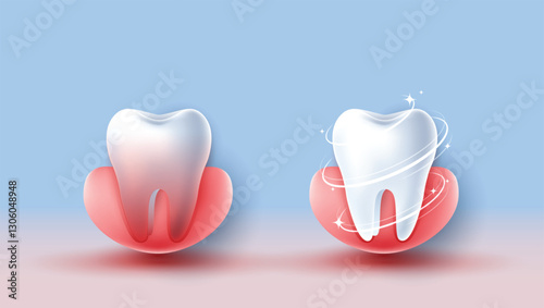 Set of dental cleaning and whitening teeth concept. comparison of clean and dirty tooth. dental health and oral hygiene poster for dentistry. examination teeth, whitening and repair. vector design.