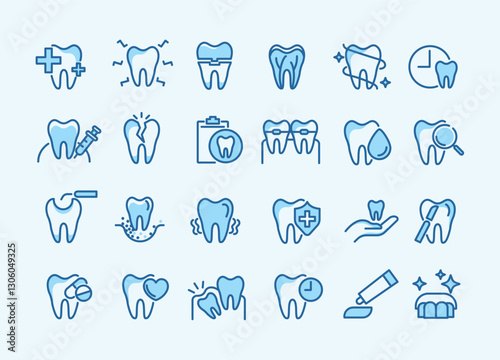 Dental icon set. containing tooth, dentist, toothpaste, toothbrush, teeth, implant and dentistry icons. can be used in children dentist clinic. medical health and dentistry concept. vector.