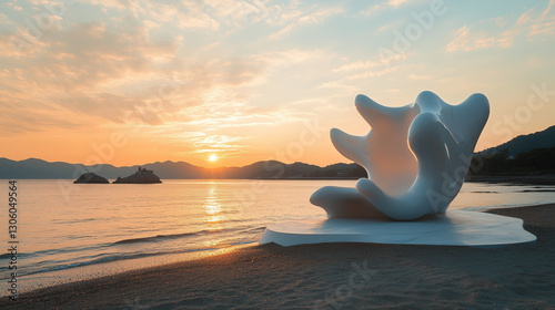 A photo of a breathtaking contemporary art installation on Naoshima Island during the Setouchi Triennale 2025 spring session, featuring a large-scale abstract sculpture on a serene beach at sunset