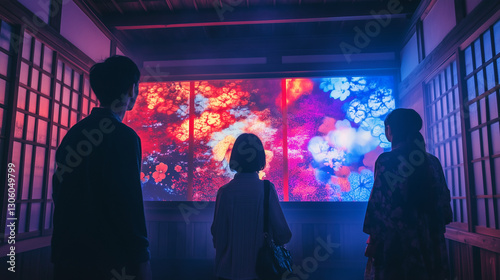 A photo of visitors admiring a vibrant, immersive digital art projection inside an abandoned traditional Japanese house, transformed into a modern exhibition space for Setouchi Triennale 2025 photo