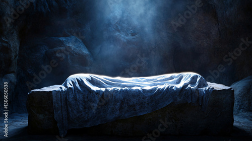 Resurrection Light: Lazarus' Glowing Burial Cloth on Tomb Stone Slab with Serene Copy Space