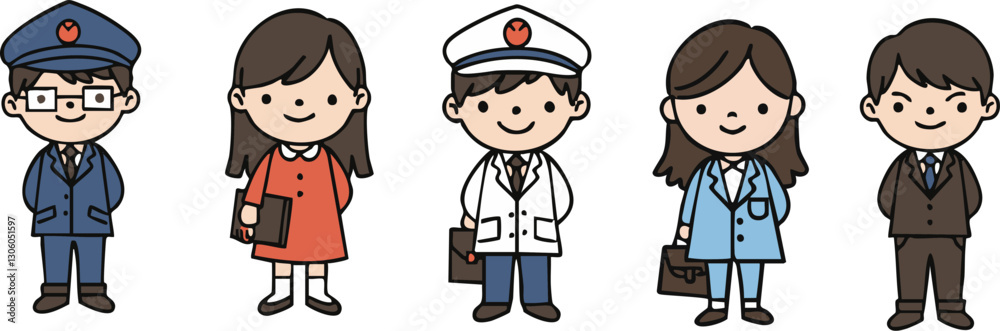 Cute cartoon characters of different professions stand in a row against a white background; great for educational or professional content. Cute cartoon characters of different professions stand in a row against a white background; great for educational or professional content.