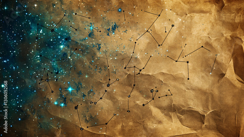 Ancient Parchment Map: Bethlehem Star Constellation Amidst Ink Splatter Nebula - Cosmic Wonders Await!