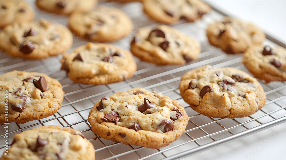 Freshly Baked Chocolate Chip Cookies on a Cooling Tray with Delicious Chocolate Pieces Freshly Baked Chocolate Chip Cookies on a Cooling Tray with Delicious Chocolate Pieces