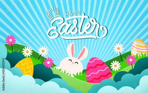 Cheerful Happy Easter 2025 background with playful typography and a cute bunny on bright spring meadow. Papercut style design. Perfect for Easter 2025 greetings. 