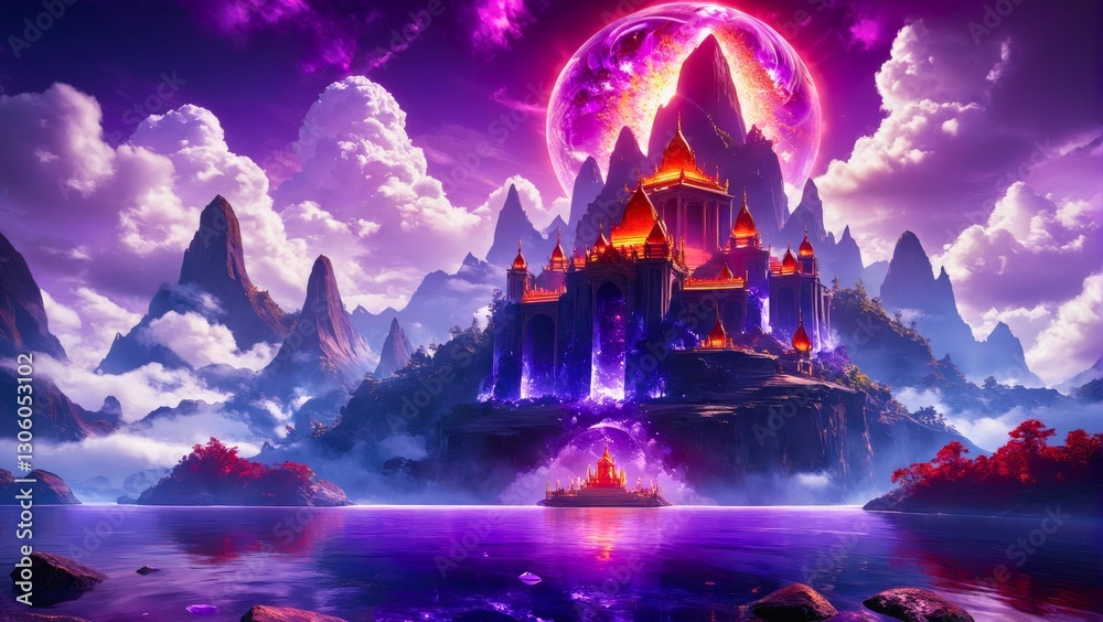 Fototapeta premium Vibrant Fantasy Landscape with Castle and Enchanting Cosmic Elements in Dramatic Colors