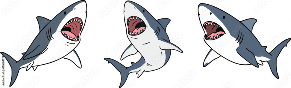 Fototapeta premium Three cartoon sharks swimming with their mouths open, showing teeth and gills This eye-catching image is great for educational resources and.
