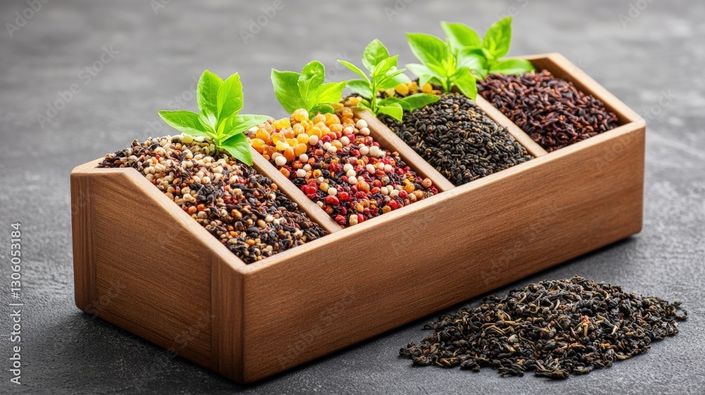 A rustic wooden box filled with an assortment of tea leaves representing the rich diversity and craft of tea blending A rustic wooden box filled with an assortment of tea leaves representing the rich diversity and craft of tea blending