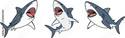 Three cartoon sharks swimming with their mouths open, showing teeth and gills This eye-catching image is great for educational resources and.