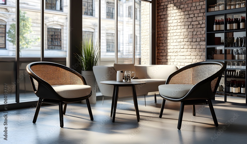 Fototapeta premium A modern urban apartment interior featuring sleek design, ambient lighting, and bold geometric patterns