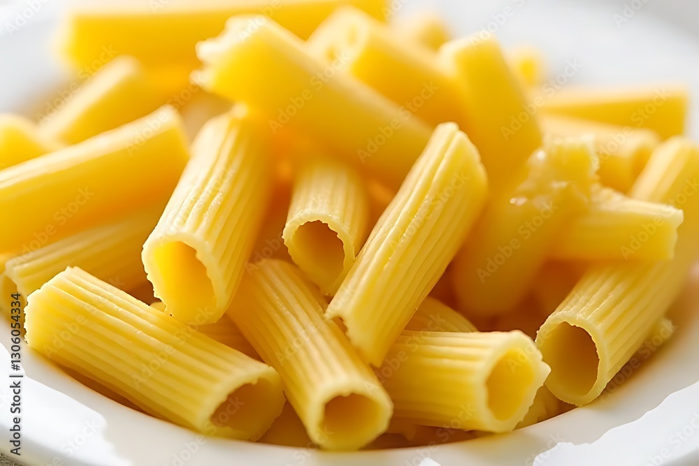 Cooked yellow pasta tubes fill a white dish, close up.