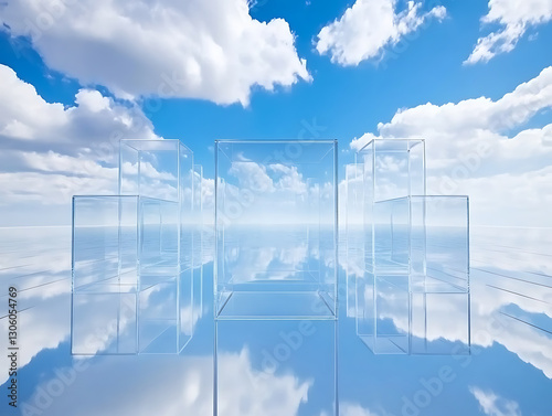 Floating glass cubes in a serene sky abstract art digital creation tranquil environment aerial view conceptual design