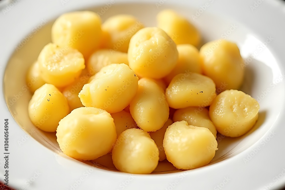 Gnocchi potato dumplings piled high in a white bowl on a tablecloth Gnocchi potato dumplings piled high in a white bowl on a tablecloth