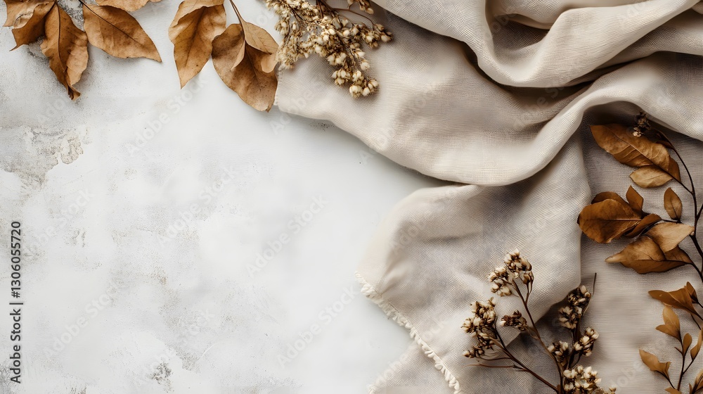 Fototapeta premium Brown leaves and linen fabric on textured neutral surface