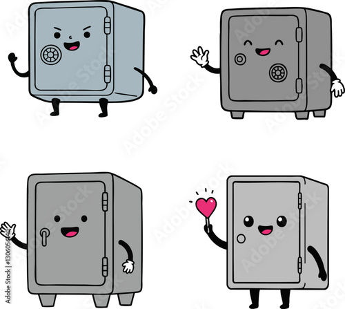 Cute cartoon safes with smiling faces wave and hold a heart in this fun vector illustration Perfect for children's designs.
