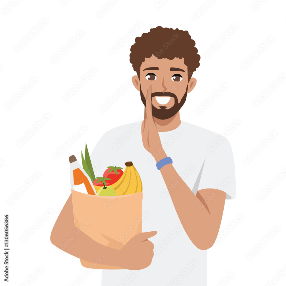 Happy Man Carrying Groceries while smiling and gesturing happily. Flat vector Character Illustration Happy Man Carrying Groceries while smiling and gesturing happily. Flat vector Character Illustration