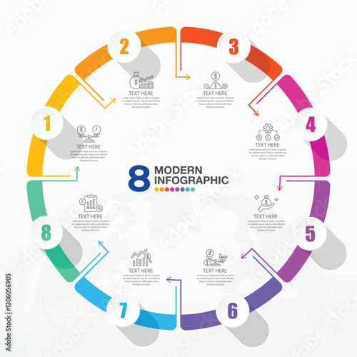 Modern circle infographic with 8 steps, process or options.