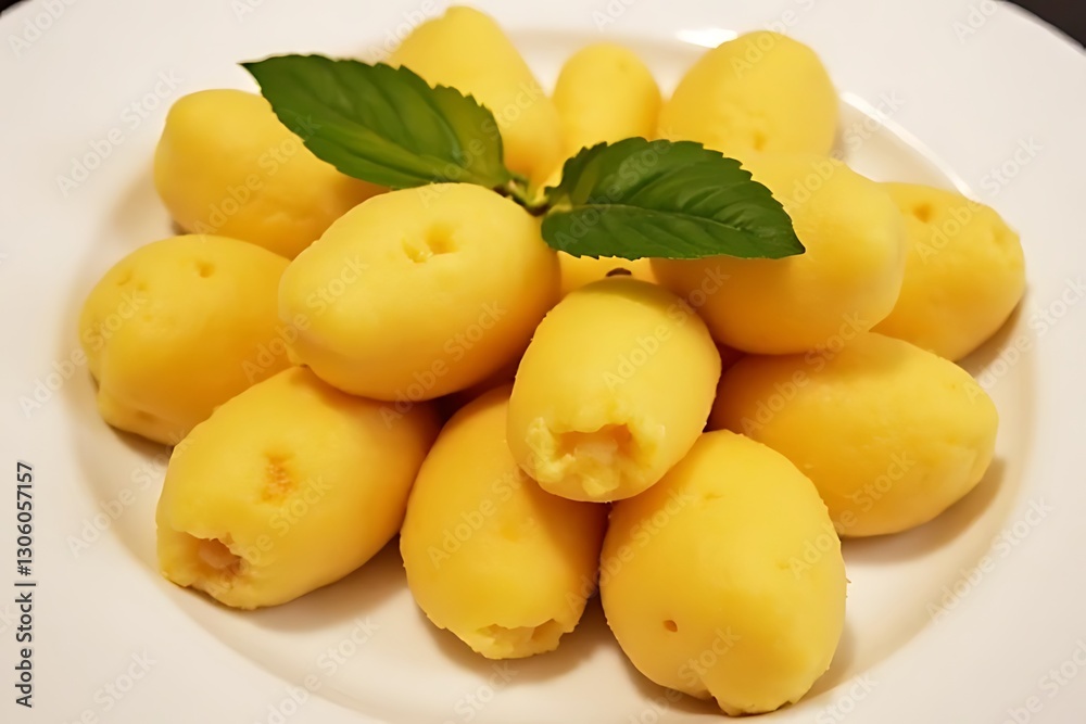 Yellow gnocchi is elegantly arranged on a white plate with fresh basil leaves Yellow gnocchi is elegantly arranged on a white plate with fresh basil leaves