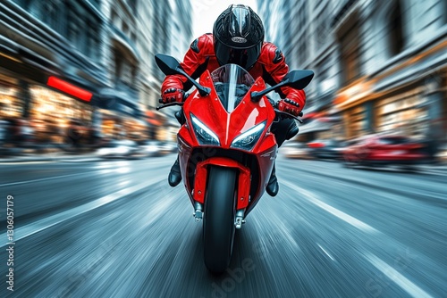 Dynamic Capture of a Male Motorcyclist in Red Gear, Zooming Through a Busy Urban Street on a Sports Bike, Exuding Speed and Excitement