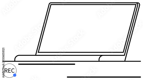 Laptop tilted open with recording indicator on screen. Ideal for technology, work, remote learning, productivity, online meetings, digital tools, content creation flat simple metaphor