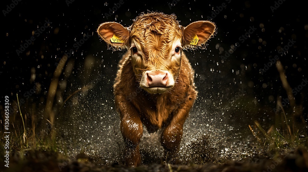 Naklejka premium A Lively Calf Galloping Through Mud, Showcasing Rural Energy and Joy