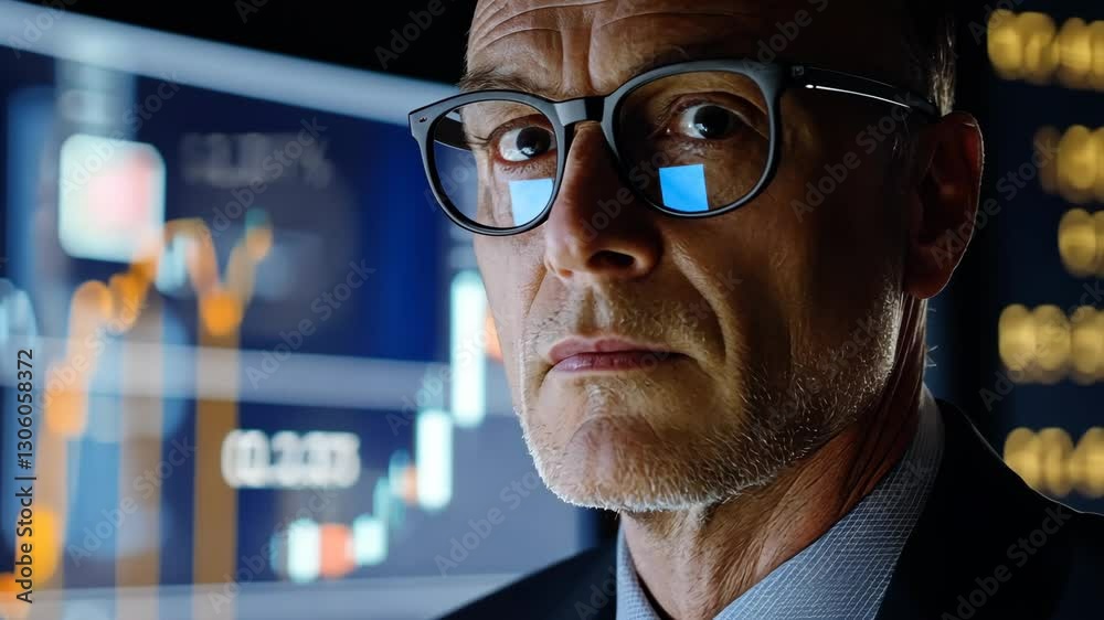 Intense Focus: A Business Professional Analyzing Financial Data Against a Dark Backdrop Intense Focus: A Business Professional Analyzing Financial Data Against a Dark Backdrop