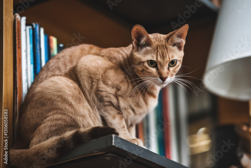 An Abyssinian cat perched on a high shelf photo