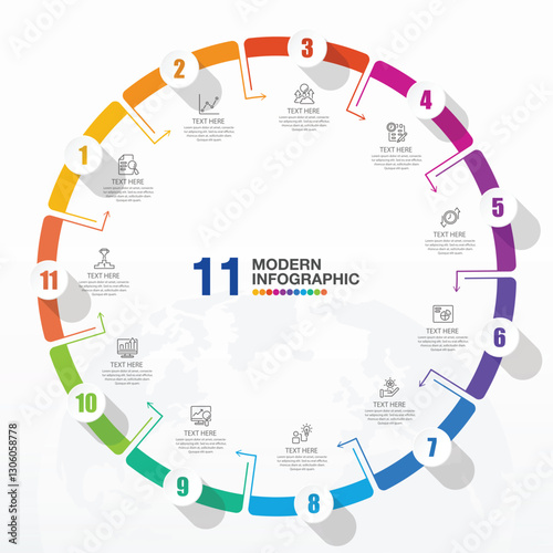 Modern circle infographic with 11 steps, process or options.