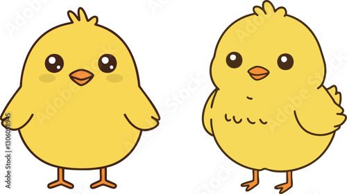 Cute illustration of two cartoon yellow chicks standing side by side on a white background Ideal for Easter or springtime designs.