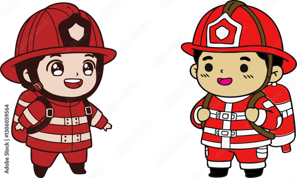 Two cartoon firefighters smile and stand side-by-side in their bright red protective gear for children's illustration or emergency service. Two cartoon firefighters smile and stand side-by-side in their bright red protective gear for children's illustration or emergency service.
