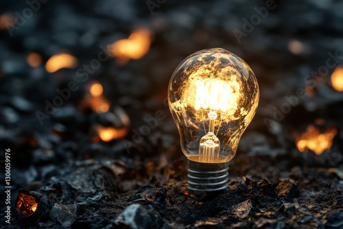 One bright, new light bulb glowing in a sea of burnt-out bulbs photo