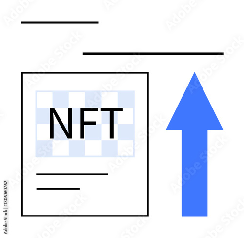 Rectangular NFT design beside a bold blue upward arrow emphasizing digital progress and growth. Ideal for blockchain technology, cryptocurrency, investment, online business, modern innovation
