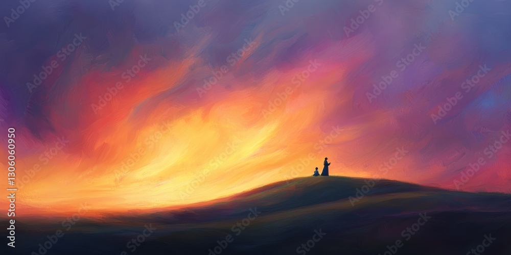 Silhouetted Mother and Child on Hilltop Watching Dramatic Sunset with Bright Colors Silhouetted Mother and Child on Hilltop Watching Dramatic Sunset with Bright Colors