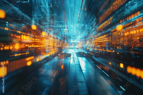 Abstract Digital Corridor Data Stream Futuristic Technology Orange Blue Glow