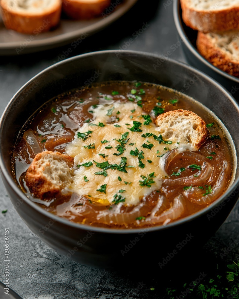 Delicious French Onion Soup with Croutons and Melted Cheese in Dark Bowl, Comfort Food Delicious French Onion Soup with Croutons and Melted Cheese in Dark Bowl, Comfort Food