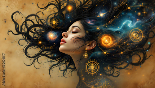 Cosmic Dreamer Woman with Universe Flowing Through Her Hair