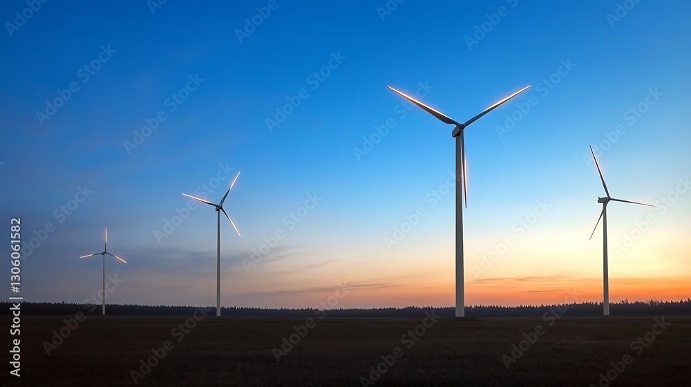 A nighttime wind farm scene featuring illuminated wind turbines against a dark sky.