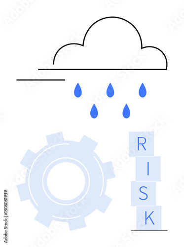 Cloud with rain above a gear and stacked RISK blocks. Represents challenges, uncertainty, decision-making, and solutions. Ideal for business, strategy, safety finance planning innovation. Abstract